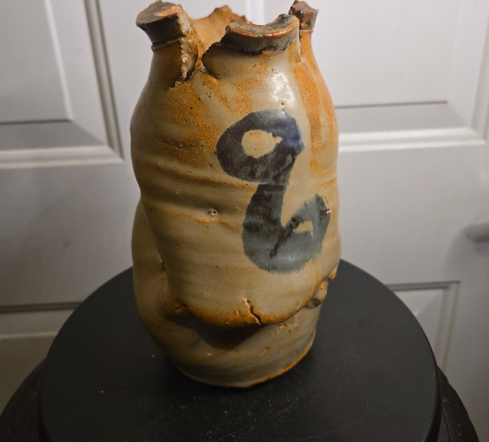 Handcrafted Signed Studio Pottery Ceramic Wabisabi Vase in Beige and Blue